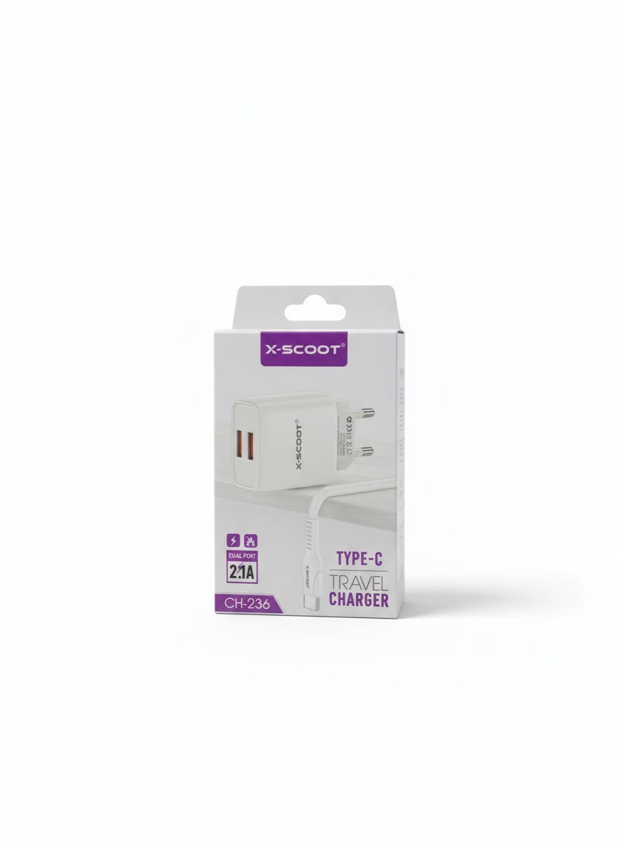 Dual USB Travel Charger 2.1A with Type-C Cable, Compact Fast Charging Wall Adapter, Safe & Lightweight Design – Model CH-236, White