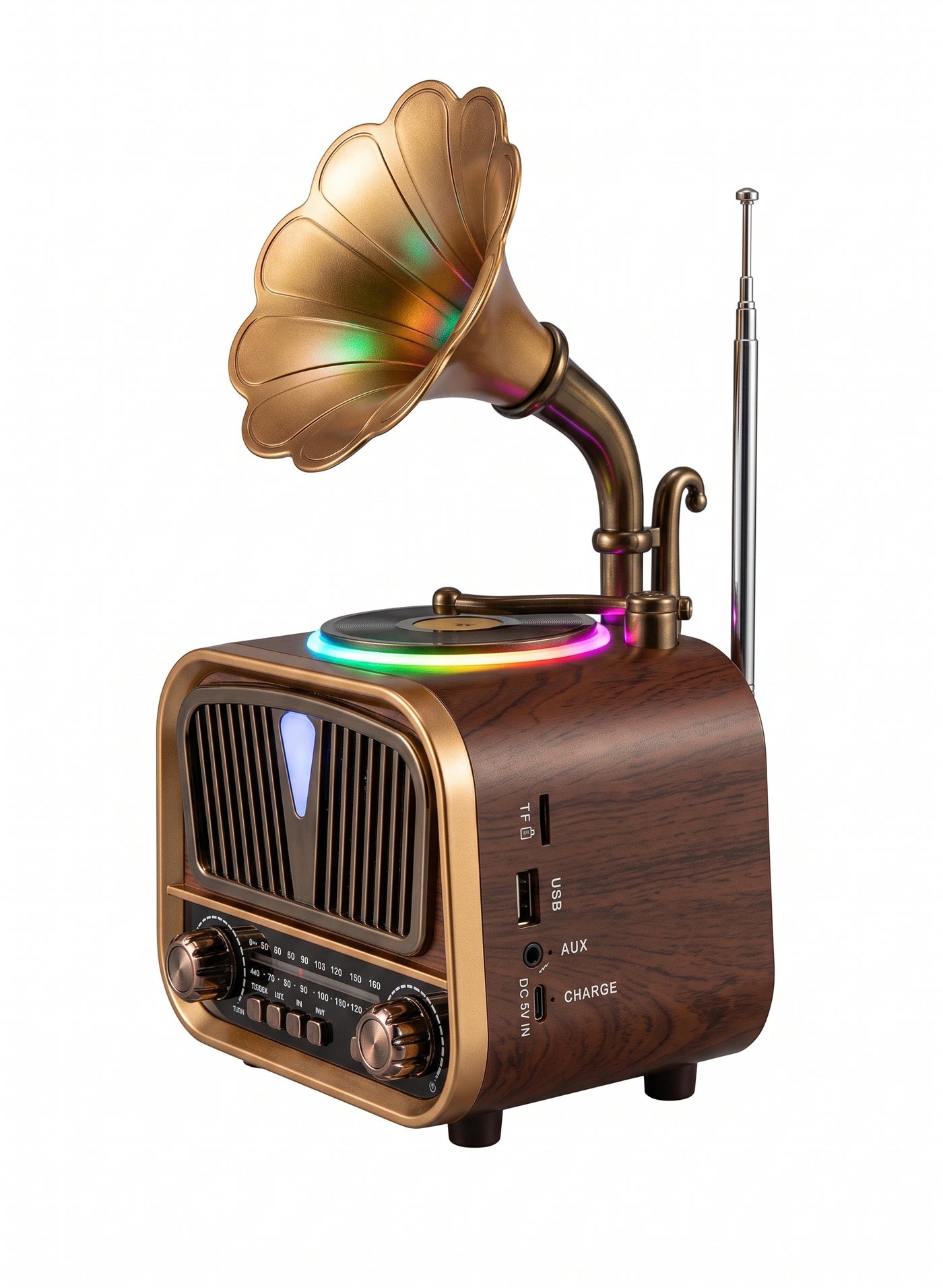 YUEGAN Retro Gramophone 3-Band Radio & Bluetooth Speaker With LED Light USB TF AUX Brown/Gold 1200mAh YG-6010