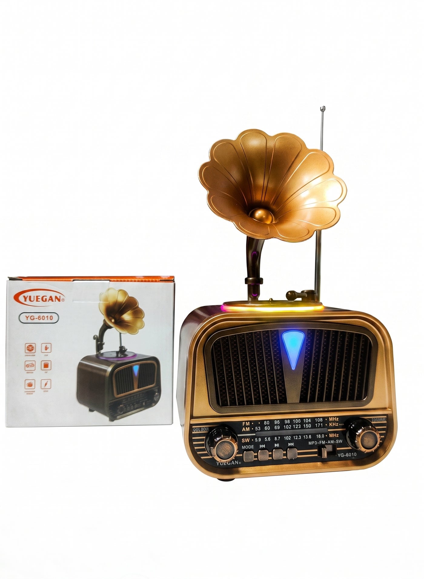 YUEGAN Retro Gramophone 3-Band Radio & Bluetooth Speaker With LED Light USB TF AUX Brown/Gold 1200mAh YG-6010
