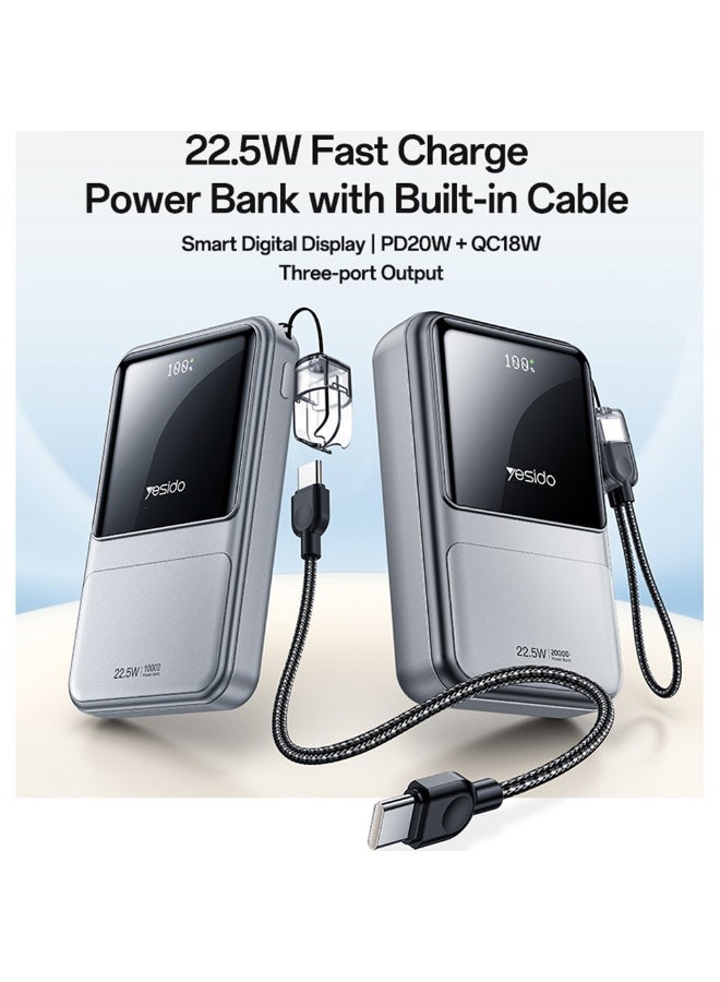 Yesido YP96 20000mAh 22.5W Fast Charging Power Bank - Portable Charger with Built-in Type-C Lanyard Cable & LED Digital Display - Dark Grey