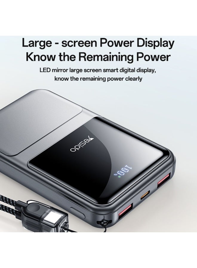 Yesido YP96 20000mAh 22.5W Fast Charging Power Bank - Portable Charger with Built-in Type-C Lanyard Cable & LED Digital Display - Dark Grey