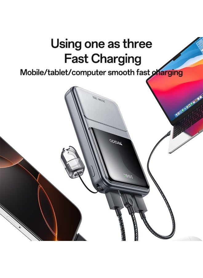 Yesido YP96 20000mAh 22.5W Fast Charging Power Bank - Portable Charger with Built-in Type-C Lanyard Cable & LED Digital Display - Dark Grey