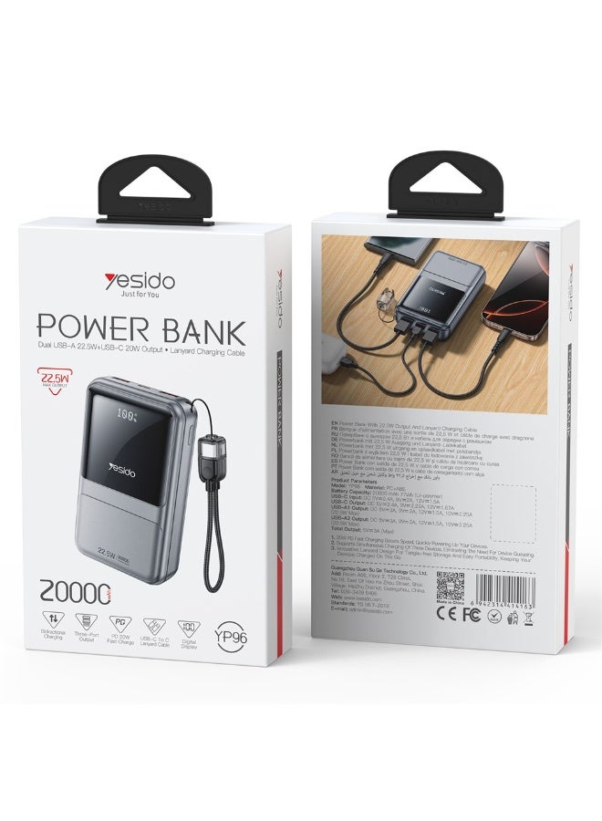 Yesido YP96 20000mAh 22.5W Fast Charging Power Bank - Portable Charger with Built-in Type-C Lanyard Cable & LED Digital Display - Dark Grey
