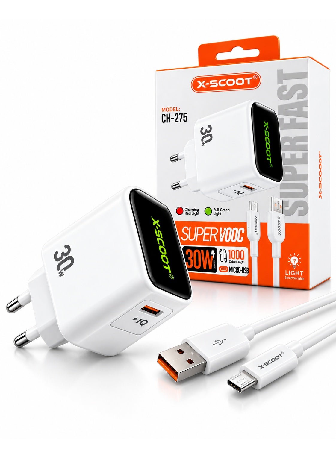 CH-275 30W Super Fast Wall Charger with USB-A to Micro USB Cable, Super VOOC Fast Charging, Smart LED Charging Indicator, Intelligent Chip, Safe Stable Power Output, AC 100-240V