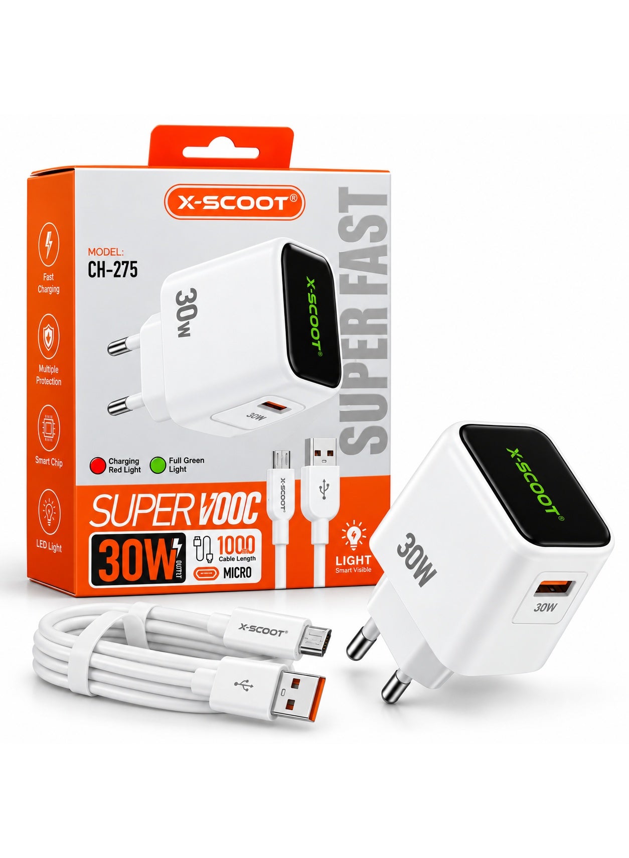 CH-275 30W Super Fast Wall Charger with USB-A to Micro USB Cable, Super VOOC Fast Charging, Smart LED Charging Indicator, Intelligent Chip, Safe Stable Power Output, AC 100-240V