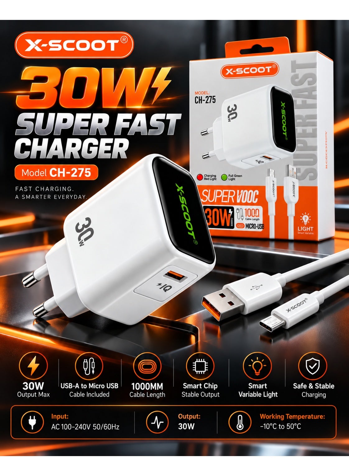 CH-275 30W Super Fast Wall Charger with USB-A to Micro USB Cable, Super VOOC Fast Charging, Smart LED Charging Indicator, Intelligent Chip, Safe Stable Power Output, AC 100-240V