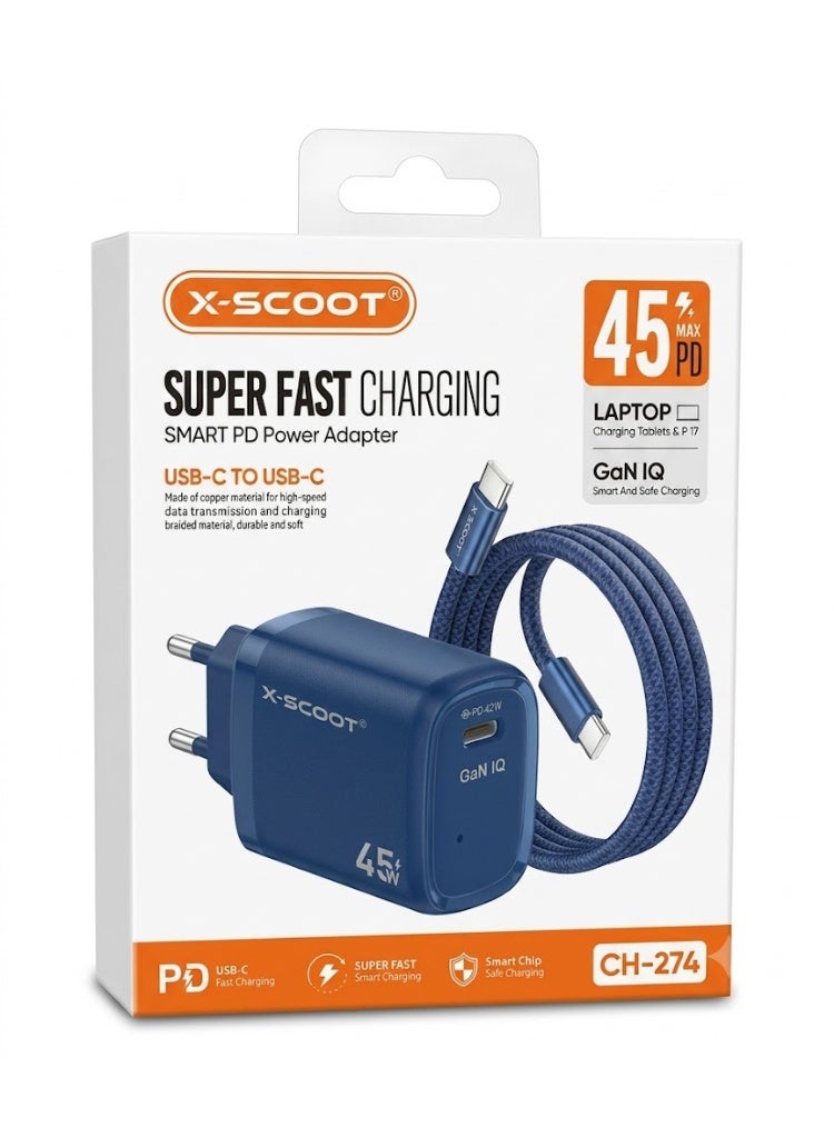 45W GaN USB-C Wall Charger with USB-C to USB-C Braided Cable, Power Delivery Fast Charging Adapter for iPhone 17, Samsung Galaxy, iPad, MacBook Air, Tablets, USB-C Smartphones, Smart Safe Charging, High Speed PD Charger with Durable Fabric Cable and Advanced GaN Technology