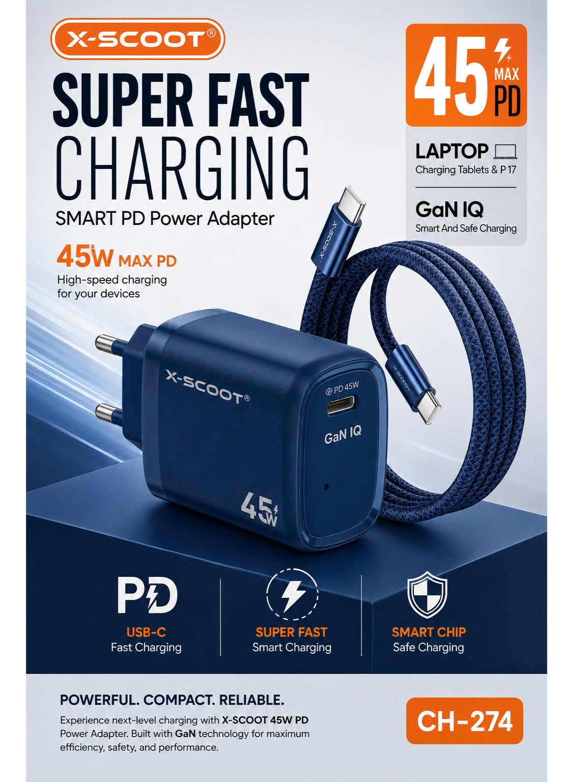 45W GaN USB-C Wall Charger with USB-C to USB-C Braided Cable, Power Delivery Fast Charging Adapter for iPhone 17, Samsung Galaxy, iPad, MacBook Air, Tablets, USB-C Smartphones, Smart Safe Charging, High Speed PD Charger with Durable Fabric Cable and Advanced GaN Technology