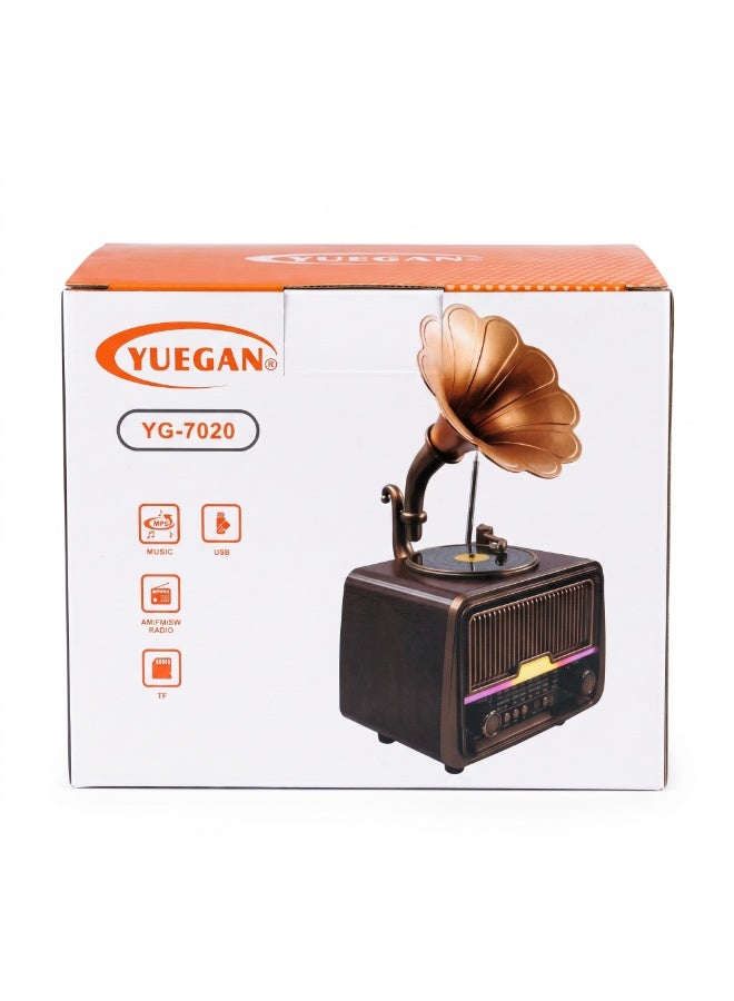 YUEGAN Retro Gramophone Style FM/AM/SW 3-Band Radio With Bluetooth Speaker & Rechargeable Battery Bronze/Wood 2000mAh YG-7020