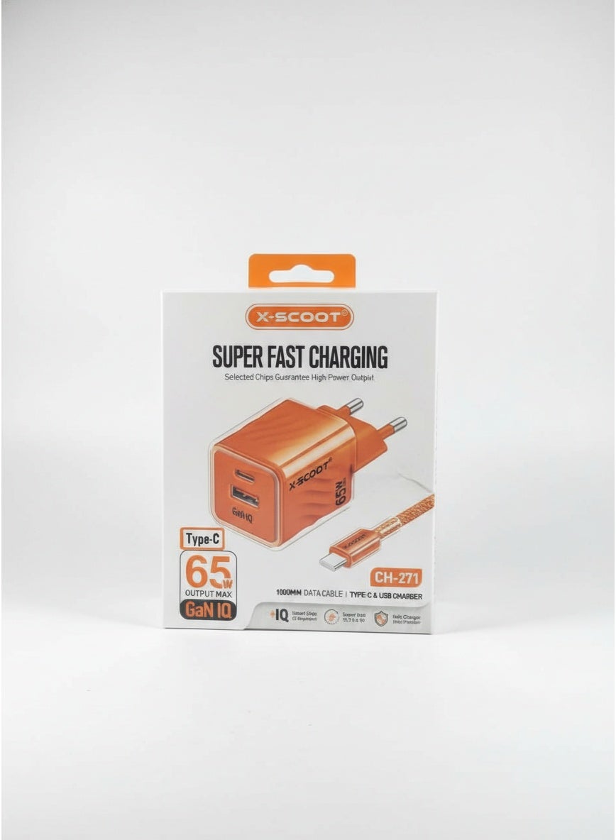 CH-271 65W Super Fast Mobile Wall Charger with Type-C Data Cable , High Speed Charging Adapter for Phone and Smartphone, Dual Output USB & Type-C, GaN IQ Technology, Compact Travel Charger with Safe High Power Output - Orange