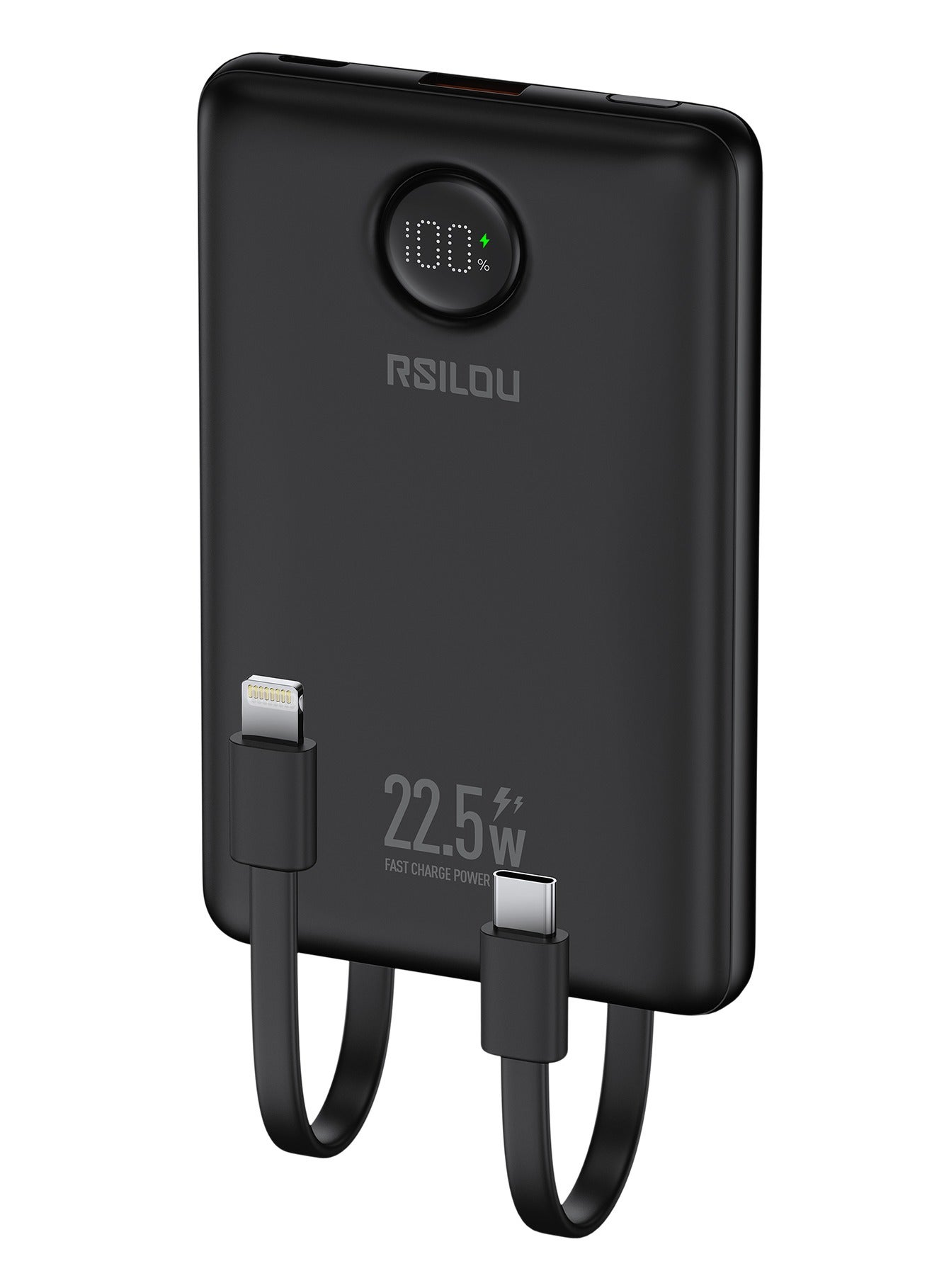 R1023-001 10000mAh Capacity Power Bank, 22.5W PD Fast Charging, 38.5 Total Max Output Power, Multi-Device Compatibility, Digital Display, Type-C and USB-A Output Built-in Dual Cables