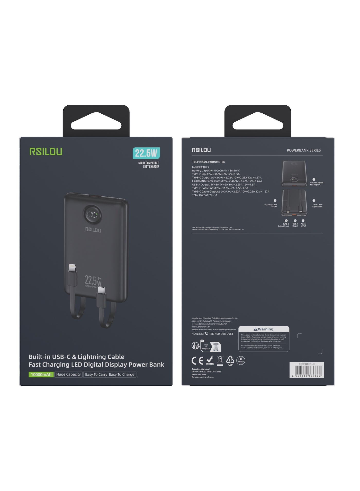 R1023-001 10000mAh Capacity Power Bank, 22.5W PD Fast Charging, 38.5 Total Max Output Power, Multi-Device Compatibility, Digital Display, Type-C and USB-A Output Built-in Dual Cables