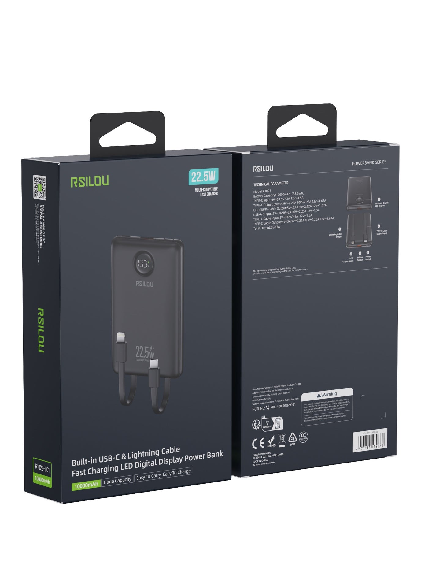 R1023-001 10000mAh Capacity Power Bank, 22.5W PD Fast Charging, 38.5 Total Max Output Power, Multi-Device Compatibility, Digital Display, Type-C and USB-A Output Built-in Dual Cables