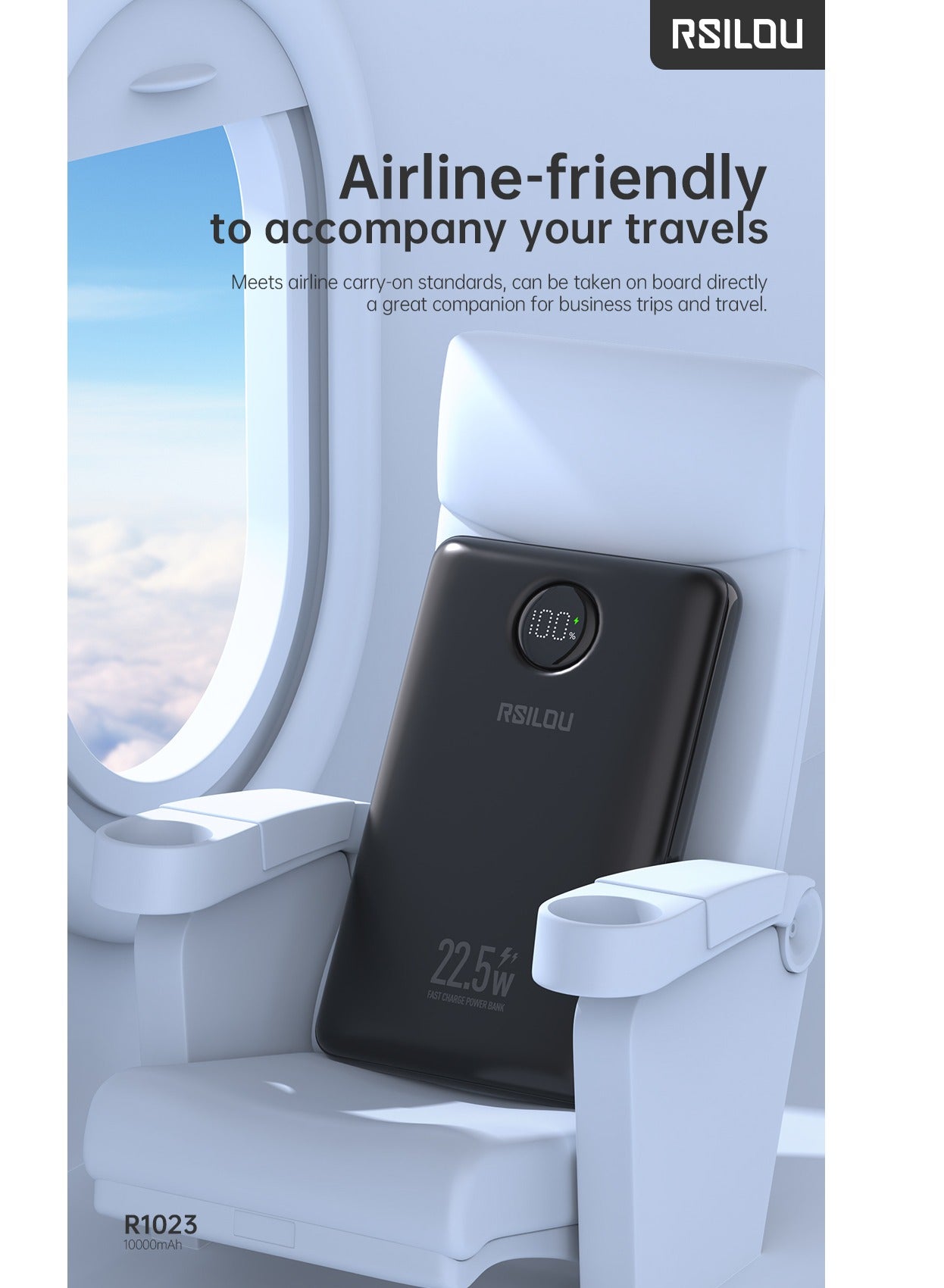 R1023-001 10000mAh Capacity Power Bank, 22.5W PD Fast Charging, 38.5 Total Max Output Power, Multi-Device Compatibility, Digital Display, Type-C and USB-A Output Built-in Dual Cables