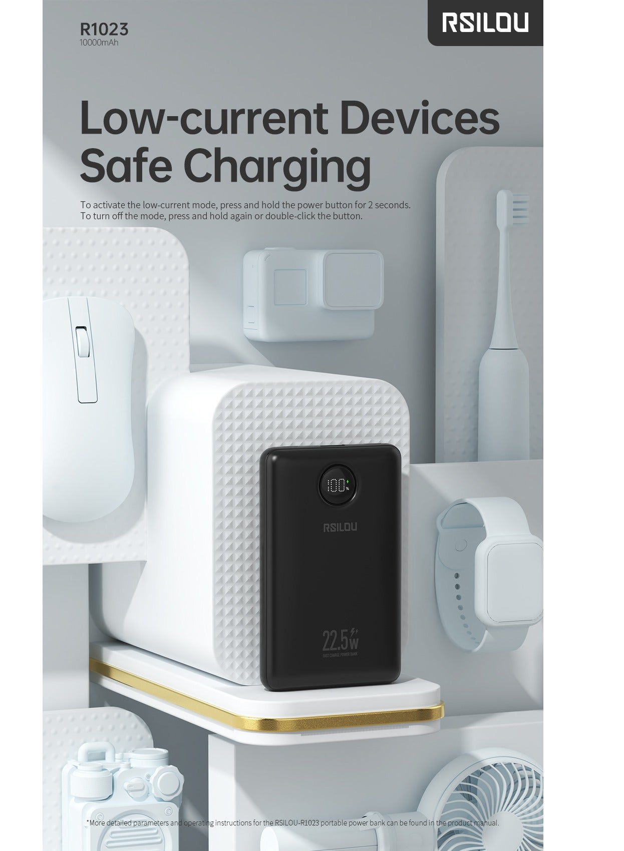 R1023-001 10000mAh Capacity Power Bank, 22.5W PD Fast Charging, 38.5 Total Max Output Power, Multi-Device Compatibility, Digital Display, Type-C and USB-A Output Built-in Dual Cables