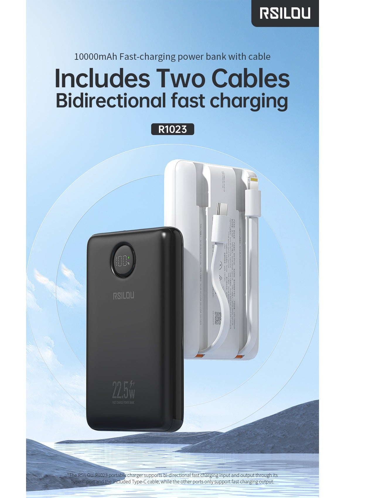 R1023-001 10000mAh Capacity Power Bank, 22.5W PD Fast Charging, 38.5 Total Max Output Power, Multi-Device Compatibility, Digital Display, Type-C and USB-A Output Built-in Dual Cables