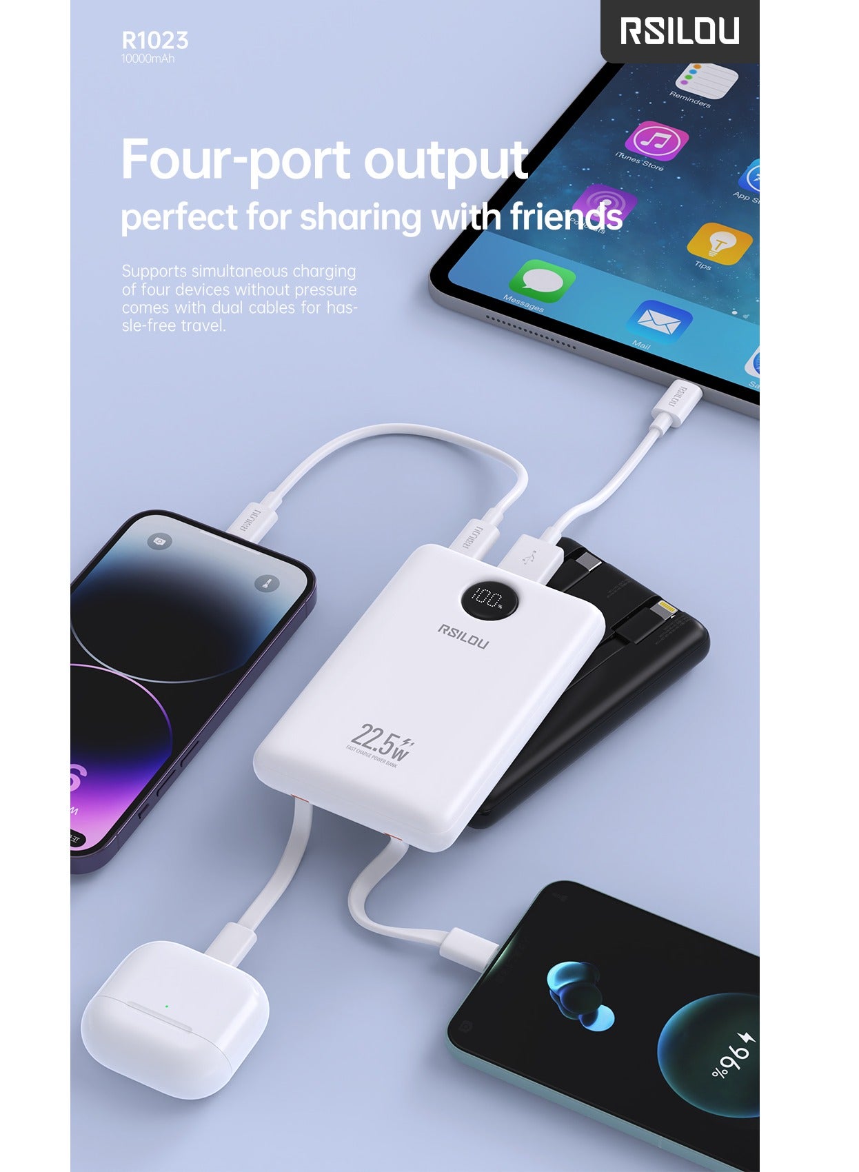 R1023-001 10000mAh Capacity Power Bank, 22.5W PD Fast Charging, 38.5 Total Max Output Power, Multi-Device Compatibility, Digital Display, Type-C and USB-A Output Built-in Dual Cables