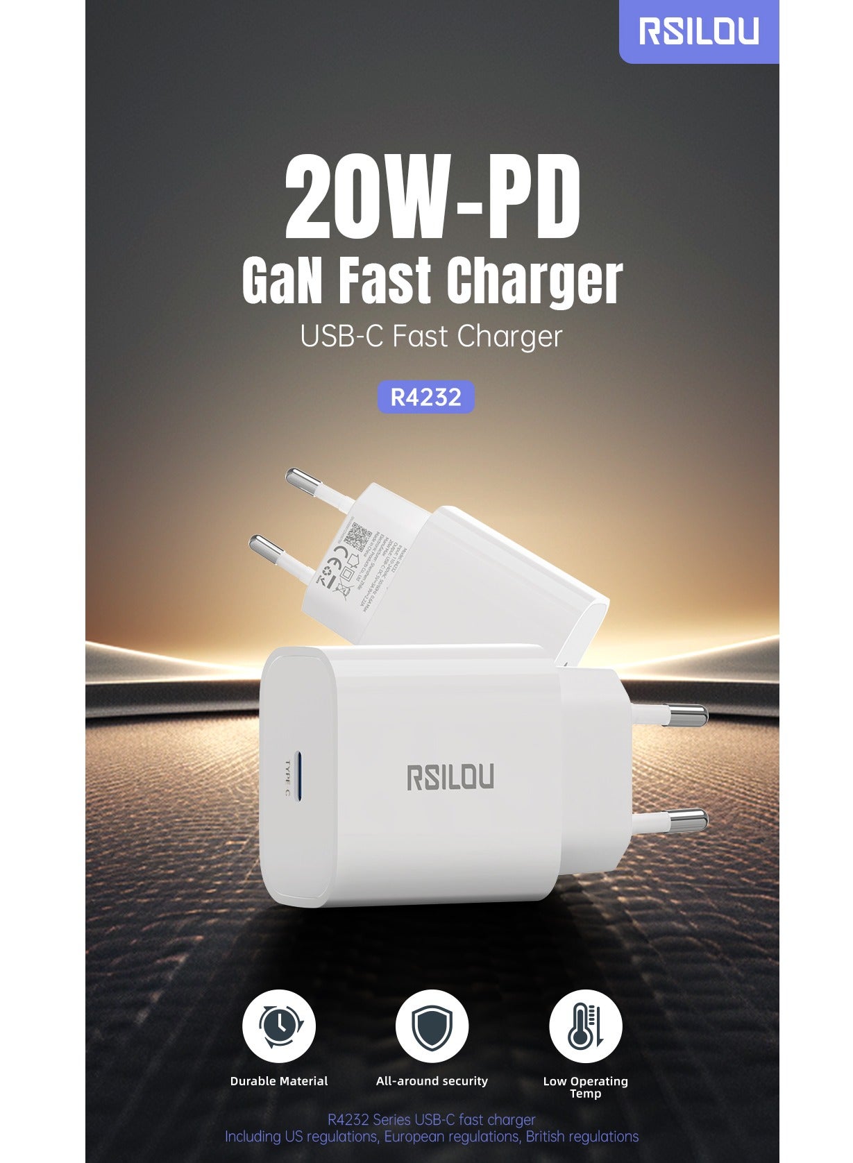 R4232-001 20W USB-C Fast Charger – Compact, Fast, and Reliable Charging, Supports with samsung, oppo, apple and all smartphones, tablets, Bluetooth headphones, and more, MultiProtect Protection