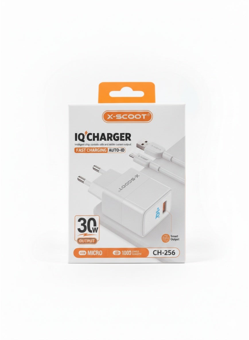 30W Fast Wall Charger with Micro USB Cable, Smart IQ Auto-ID Output, Heat-Resistant Safe Design, Universal Micro USB Compatibility , Model CH-256, White