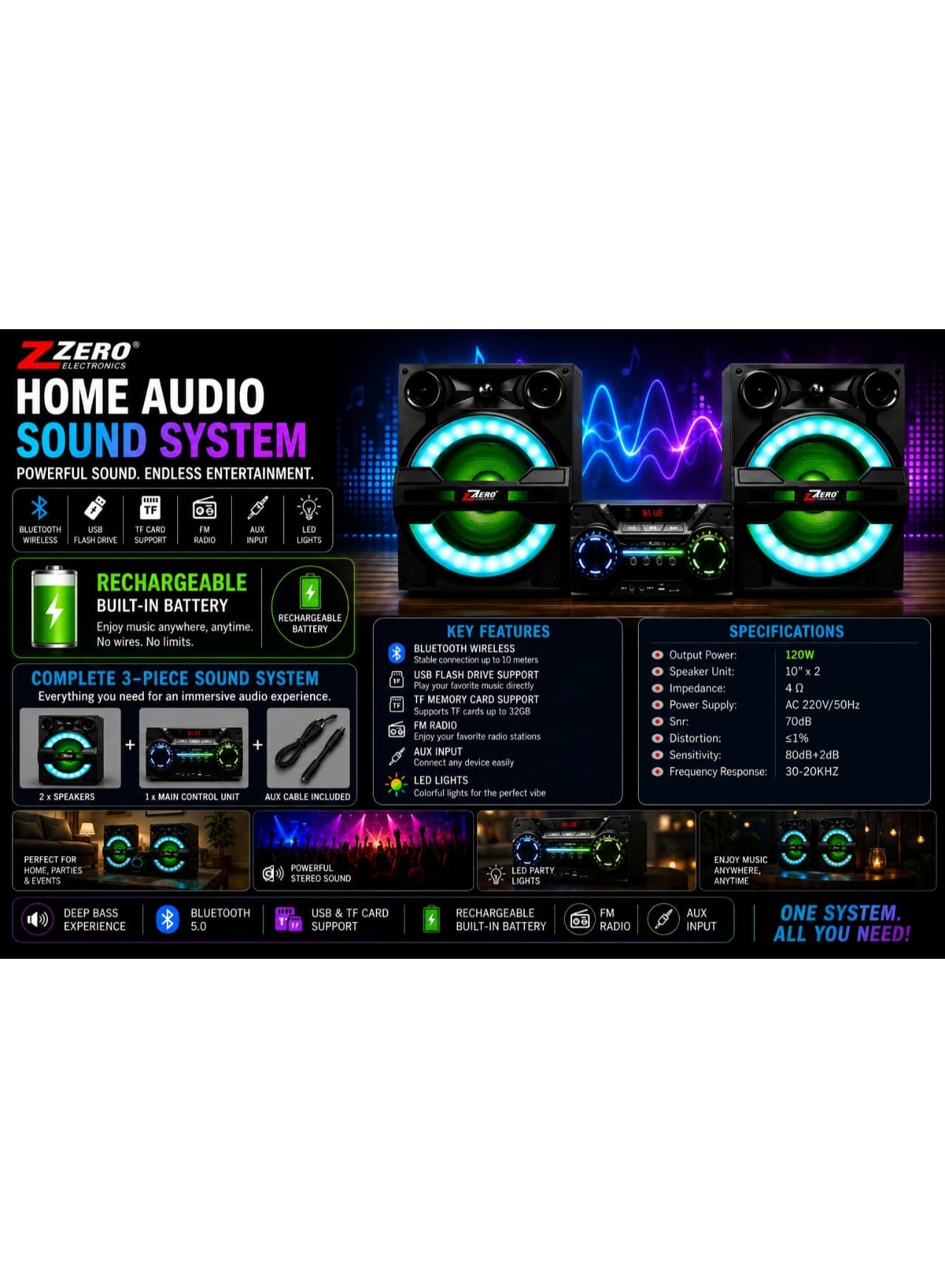 ZR15000 Rechargeable Bluetooth Home Theater Sound System with 2 Speakers - Black