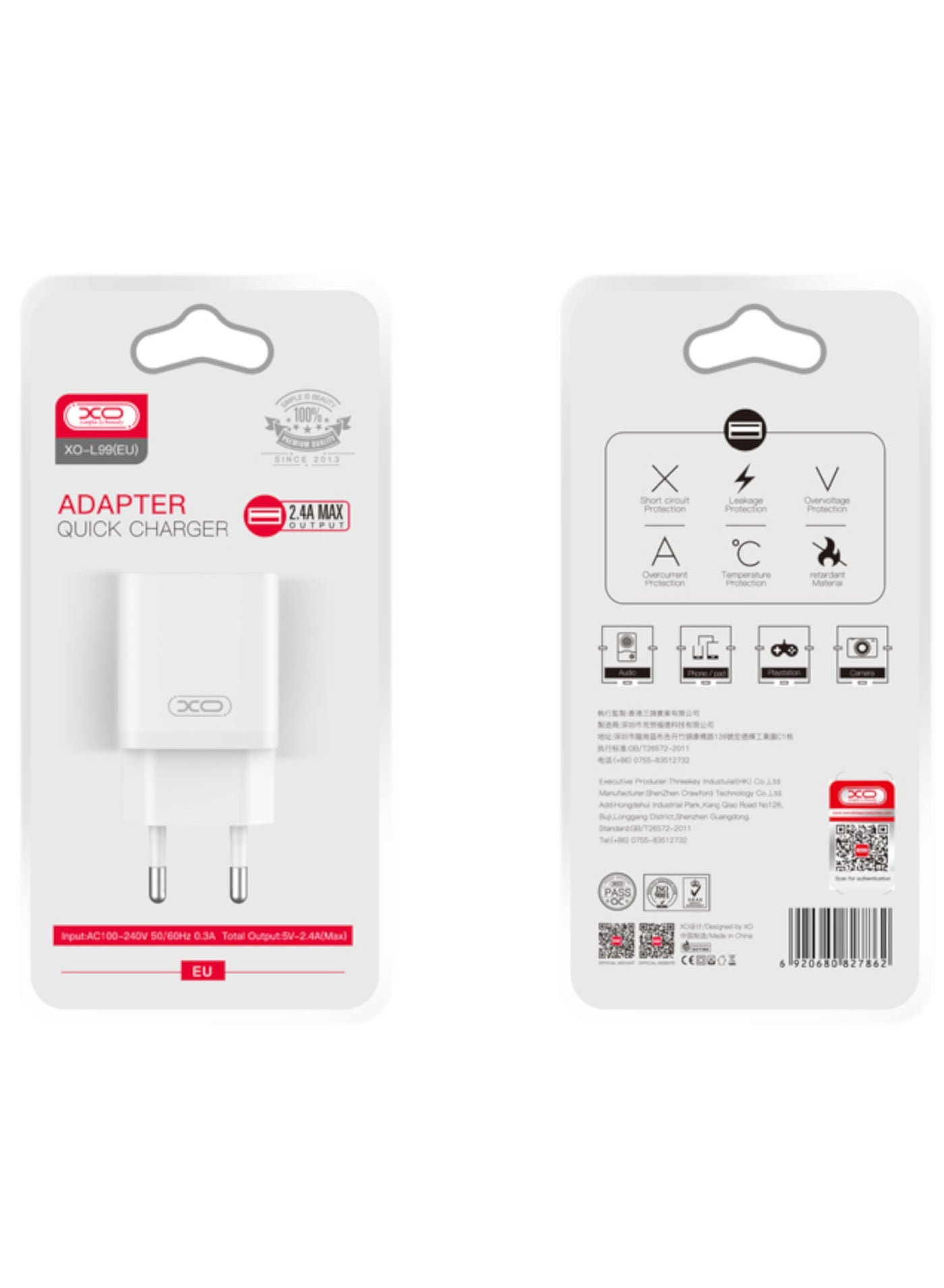 XO L99 Single USB Type-A Wall Charger - White