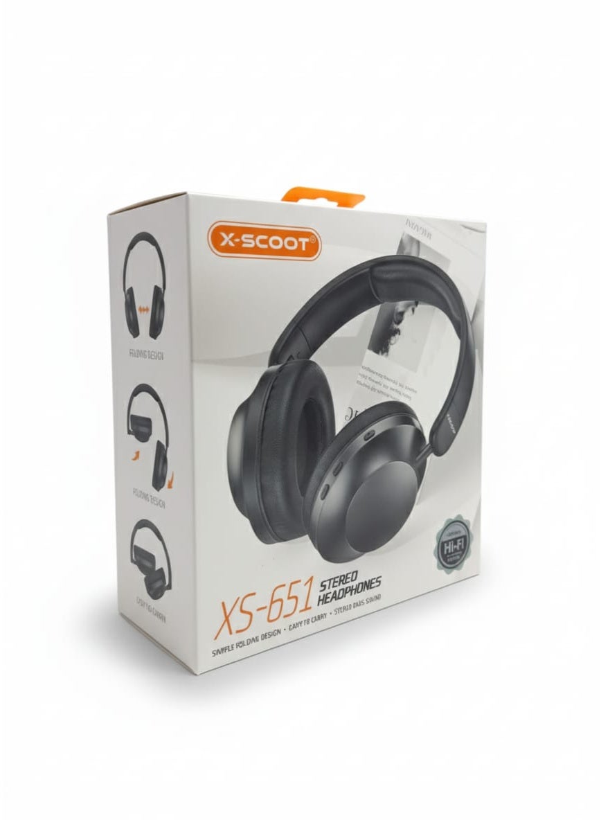 XS-651 Stereo Bass Headphones with Hi-Res Audio, Simple Folding Design, Extra-Soft Cushions, Voice Assistant Ready, 3.5mm AUX-In, Hands-Free Calls , Lightweight and Easy to Carry - Black