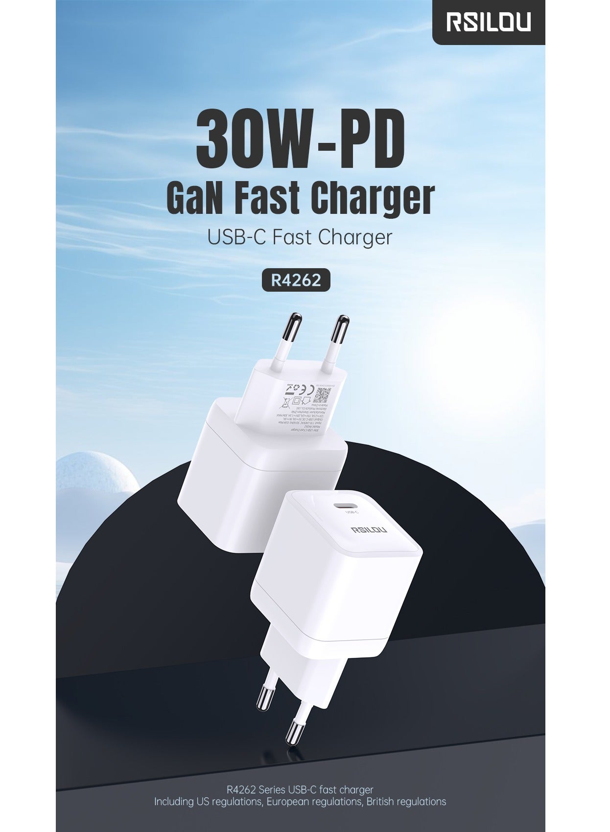 R4262-001 30W USB-C Super Fast Charger, Power, Speed, and Safety in One Compact Design, GaN, Supports apple and all smartphones, tablets, Bluetooth headphones, and more, MultiProtect Protection