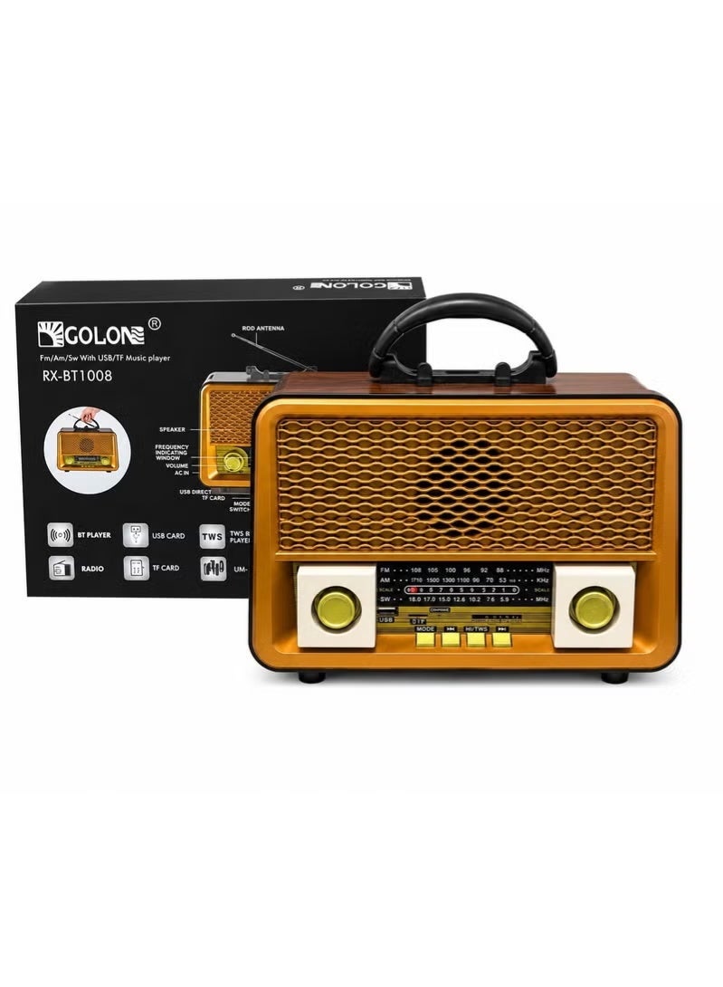 RX-BT1008 Portable Wireless Radio Speaker – FM/AM/SW 3-Band Radio, Bluetooth Audio Streaming, USB & TF Card Music Playback, 2.4G Audio Support, Rechargeable 18650 Lithium Battery, True Wireless Stereo (TWS) Pairing, Powerful Portable Sound, AC/DC Dual Power Supply, Ideal for Home, Outdoor –Multicolour