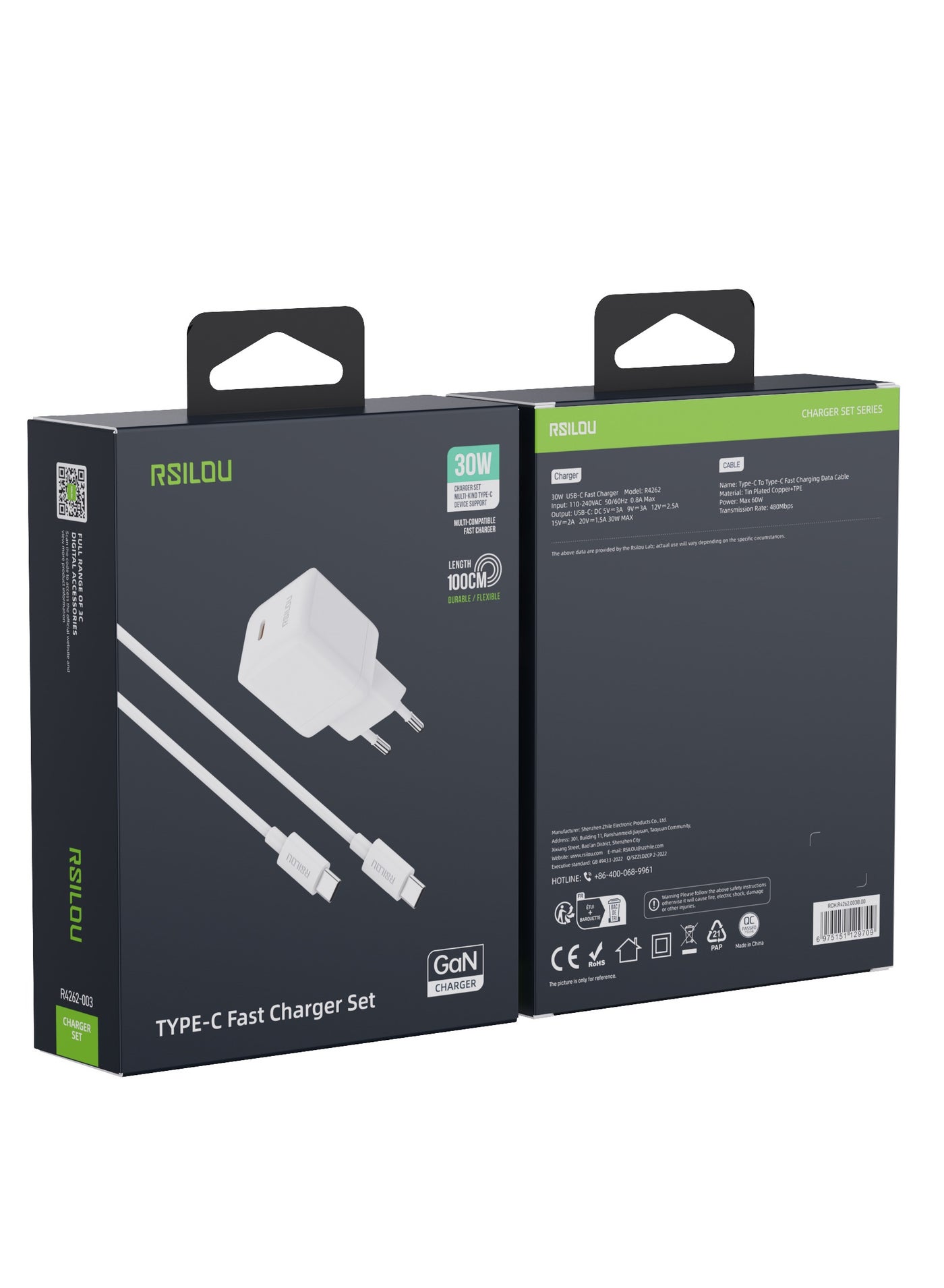 R4262-003 charger Set 30W USB-C GaN Fast charger and cable USB-C to USB-C 60W 100 CM, High Durability and Flexible, Fast charging and data cable,Braided 1M, Transmission Copper Wires speed Rate 480Mbps, Tangle and Entanglement free, white