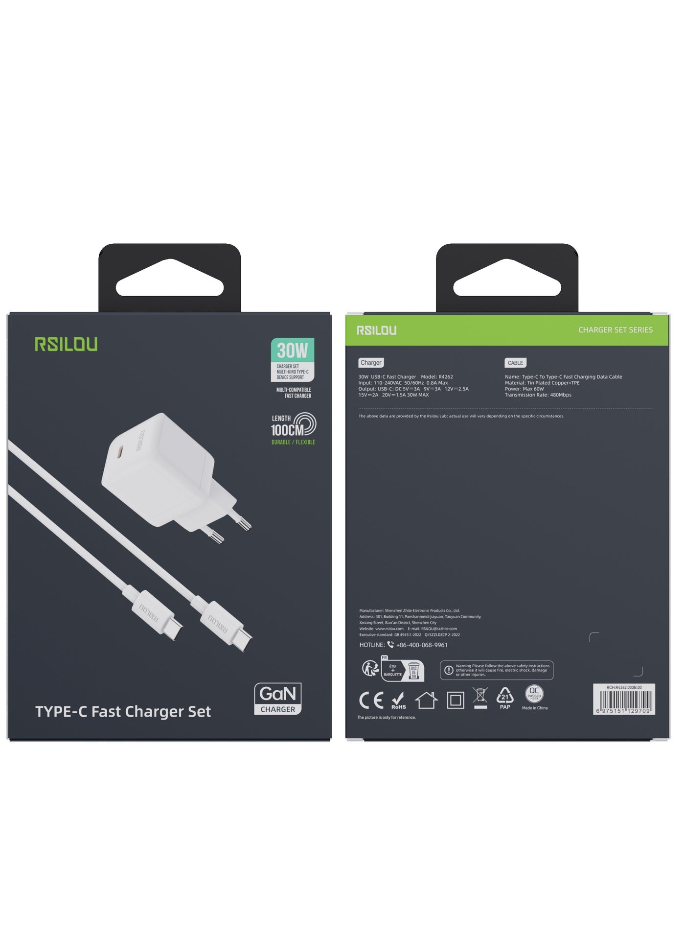 R4262-003 charger Set 30W USB-C GaN Fast charger and cable USB-C to USB-C 60W 100 CM, High Durability and Flexible, Fast charging and data cable,Braided 1M, Transmission Copper Wires speed Rate 480Mbps, Tangle and Entanglement free, white