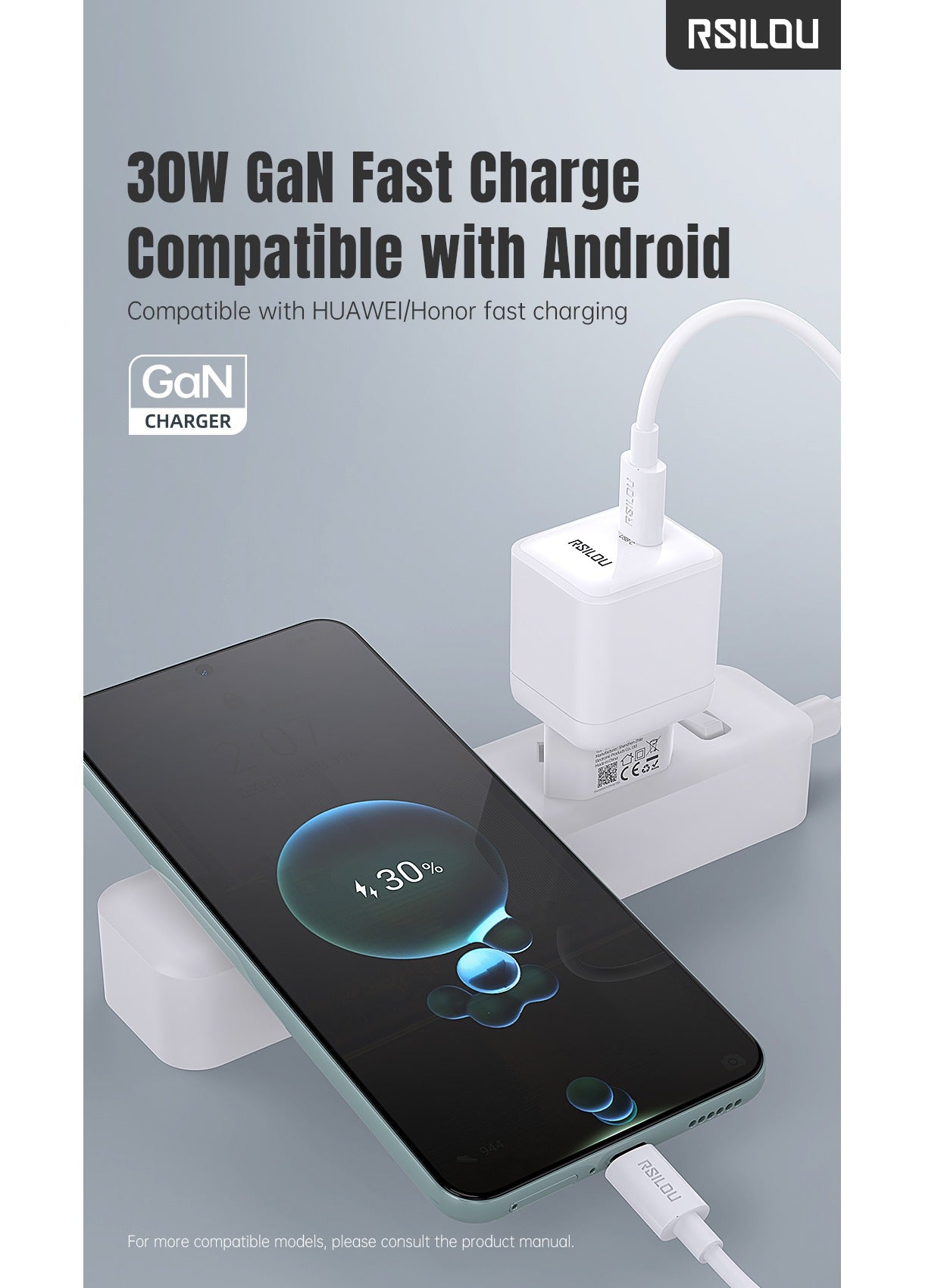 R4262-003 charger Set 30W USB-C GaN Fast charger and cable USB-C to USB-C 60W 100 CM, High Durability and Flexible, Fast charging and data cable,Braided 1M, Transmission Copper Wires speed Rate 480Mbps, Tangle and Entanglement free, white