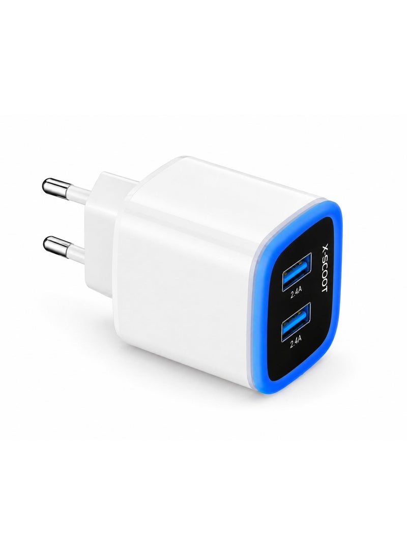 CH-221 Dual USB Wall Charger – DC 5V/2.4A Fast Charging,Type-C Cable, EU Plug, Intelligent Safety Protection, Compact Travel Design, Compatible with Smartphones, Tablets & USB Devices – White