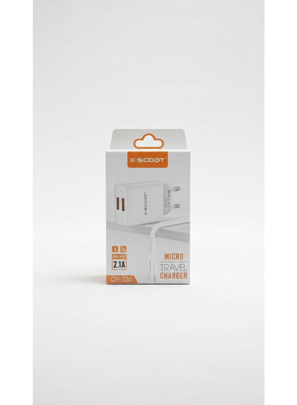Dual USB Travel Charger 2.1A with Micro USB Cable, Compact Fast Charging Wall Adapter, Safe & Lightweight Design – Model CH-236, White