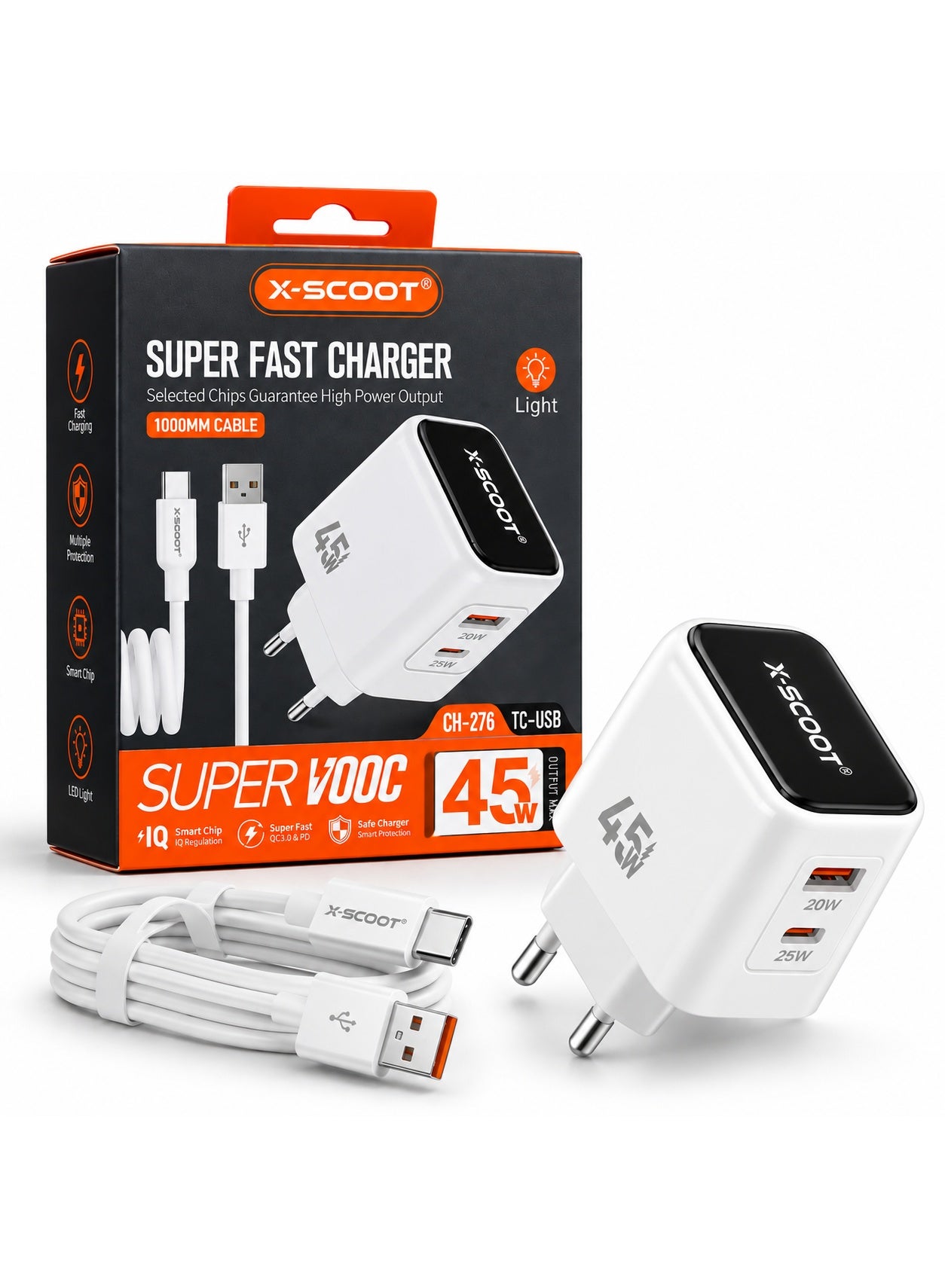 CH-276 45W Super Fast Wall Charger with 1M USB to Type-C Cable, Super VOOC Fast Charging, Smart Chip, High Power Output, Safe Charging Adapter, AC 100-240V for Smartphones Tablets