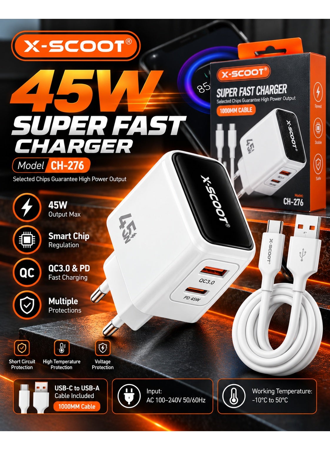 CH-276 45W Super Fast Wall Charger with 1M USB to Type-C Cable, Super VOOC Fast Charging, Smart Chip, High Power Output, Safe Charging Adapter, AC 100-240V for Smartphones Tablets
