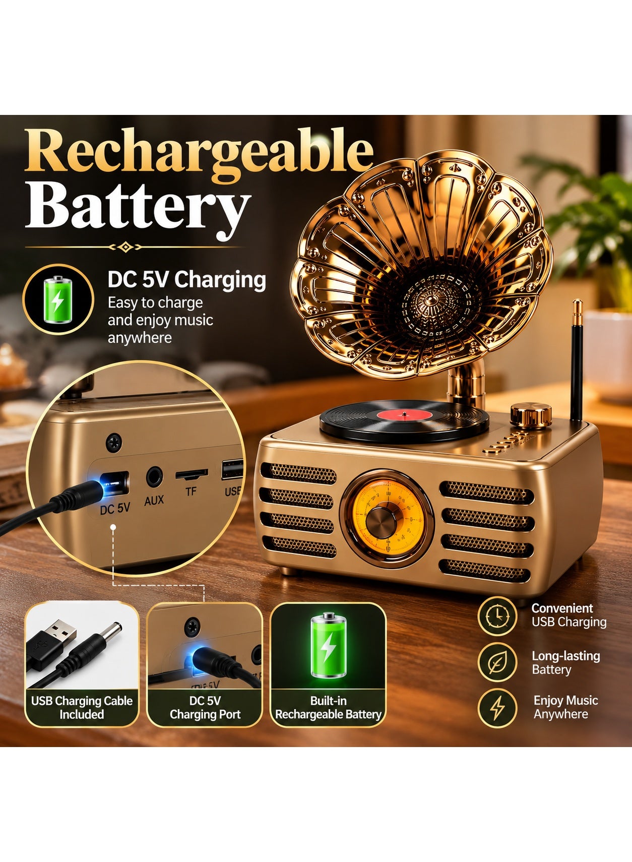 Feexot FX-2538B Retro Bluetooth Radio - FM/AM/SW 3-Band Wireless Speaker with MP3 Player, USB, TF Card, AUX - Multicolor