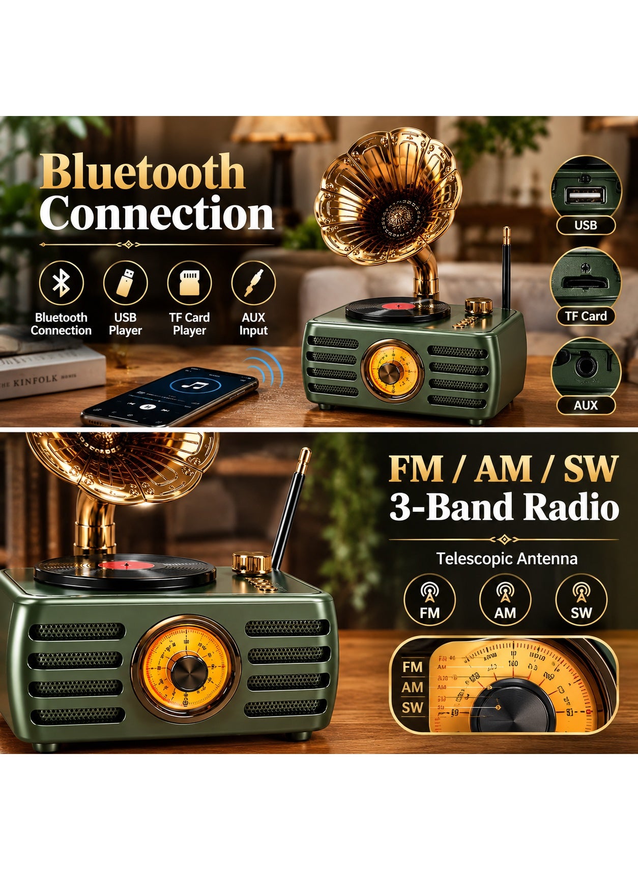 Feexot FX-2538B Retro Bluetooth Radio - FM/AM/SW 3-Band Wireless Speaker with MP3 Player, USB, TF Card, AUX - Multicolor