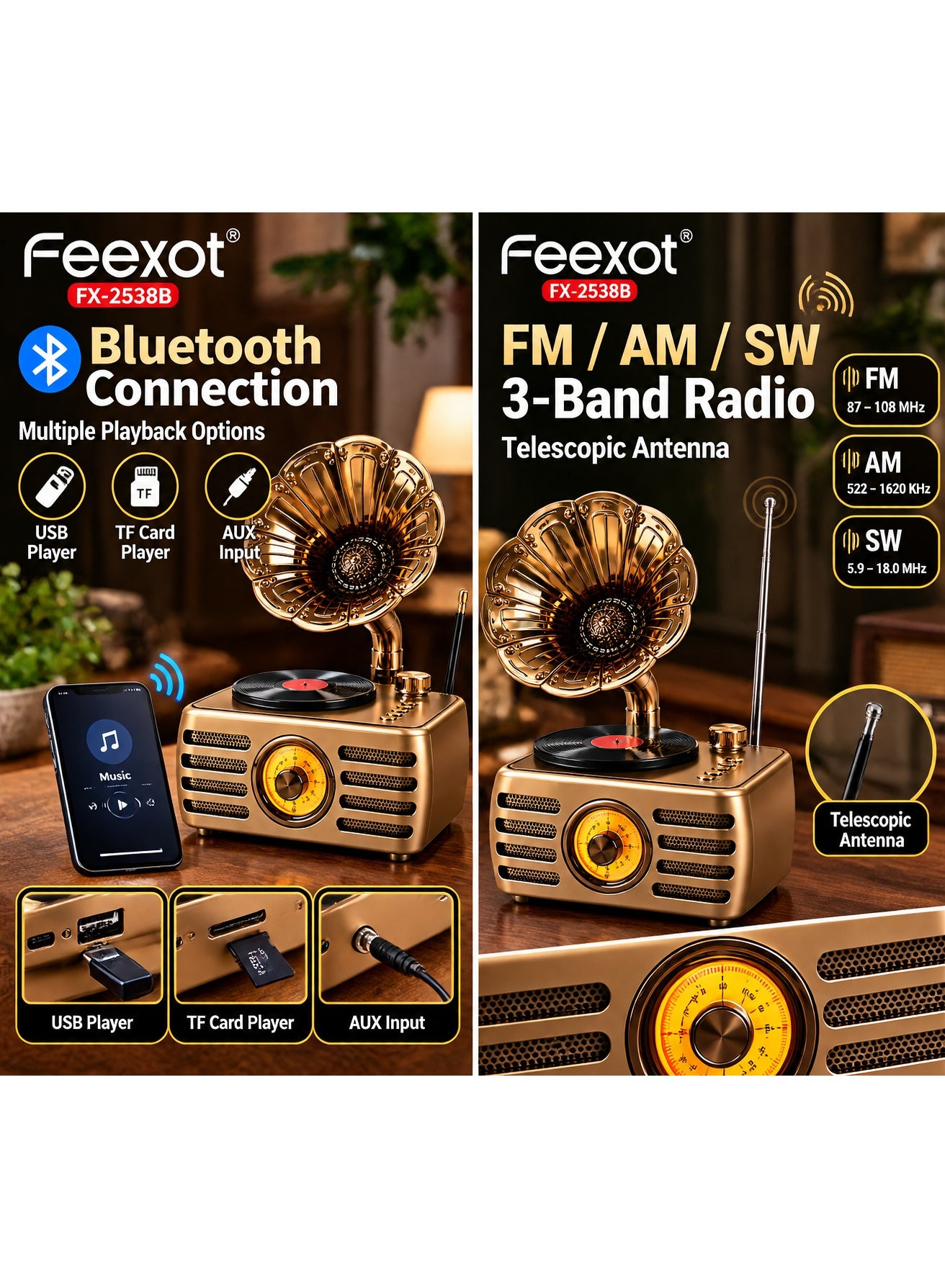 Feexot FX-2538B Retro Bluetooth Radio - FM/AM/SW 3-Band Wireless Speaker with MP3 Player, USB, TF Card, AUX - Multicolor
