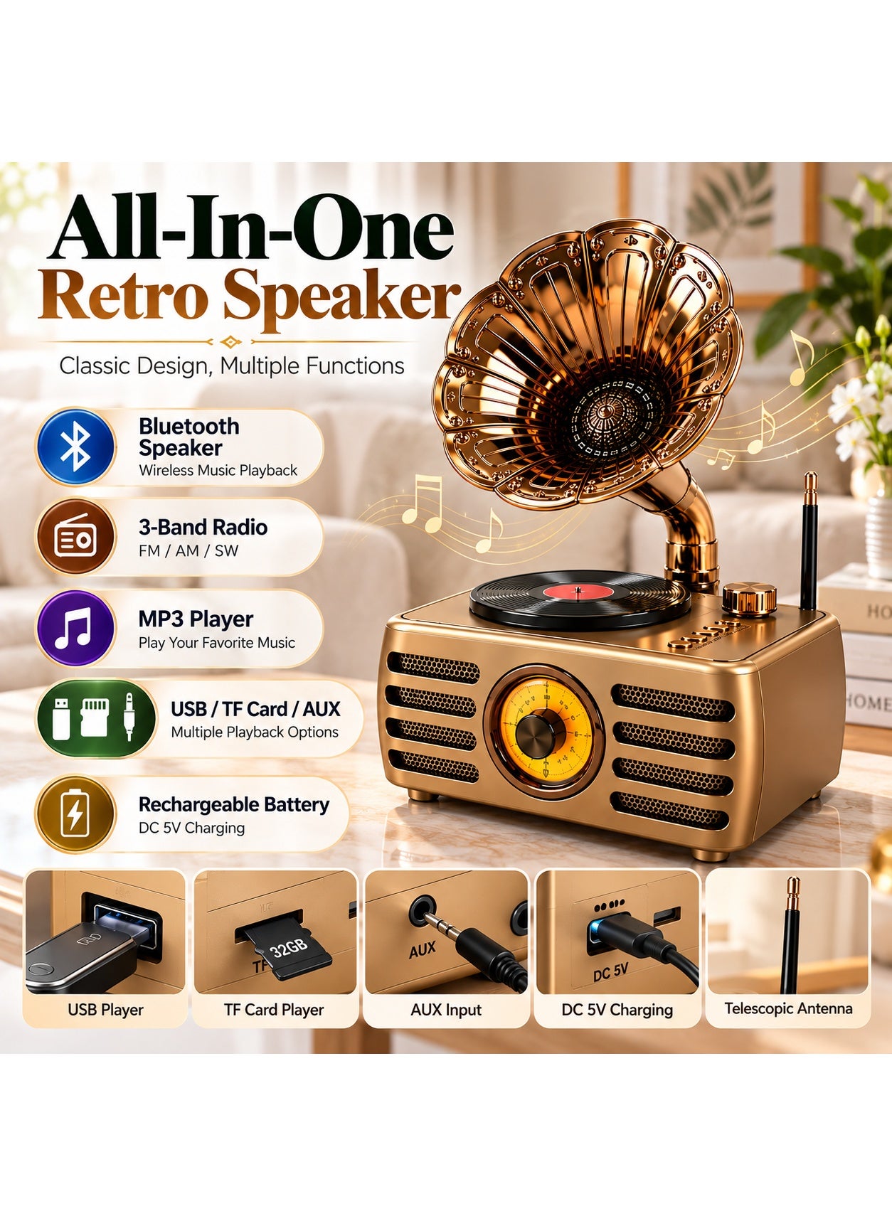 Feexot FX-2538B Retro Bluetooth Radio - FM/AM/SW 3-Band Wireless Speaker with MP3 Player, USB, TF Card, AUX - Multicolor