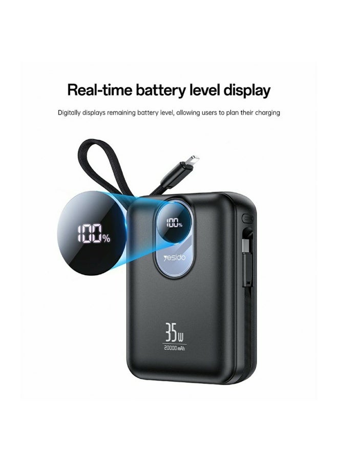 Yesido YP94 20000mAh 35W Fast Charging Power Bank - Portable Charger with Built-in Type-C & Lightning Cables and LED Display - Black