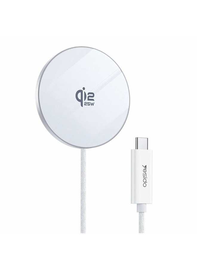 Yesido DS41 Qi2.2 25W Ultra-Thin 5mm Magnetic Wireless Charger Pad for iPhone 17 16 15 Series Aluminum Braided Cable White - 1 Piece