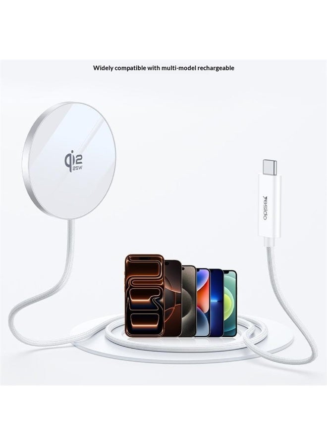 Yesido DS41 Qi2.2 25W Ultra-Thin 5mm Magnetic Wireless Charger Pad for iPhone 17 16 15 Series Aluminum Braided Cable White - 1 Piece