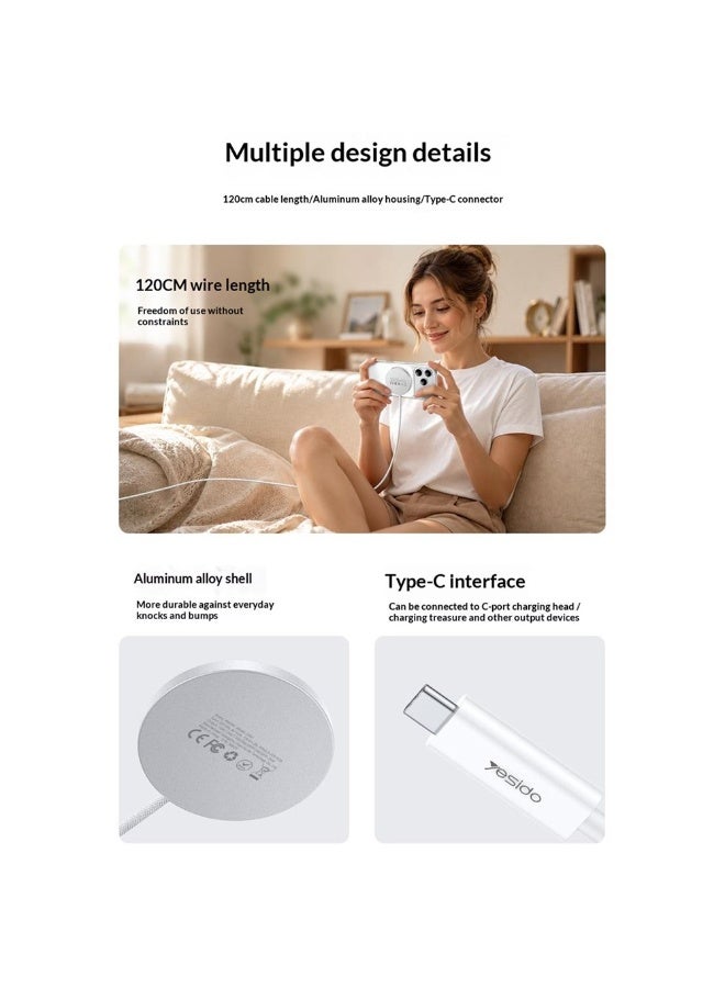 Yesido DS41 Qi2.2 25W Ultra-Thin 5mm Magnetic Wireless Charger Pad for iPhone 17 16 15 Series Aluminum Braided Cable White - 1 Piece