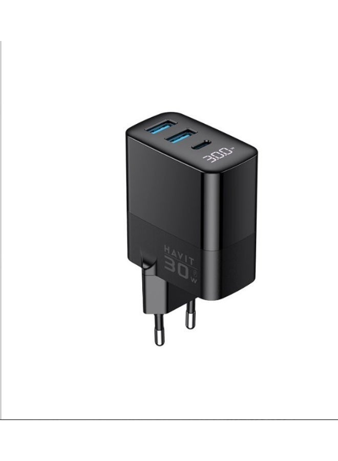 HAVIT UCLE001 GaN 30W Fast Wall Charger, USB-C & Dual USB-A Ports, Power Delivery (PD) & Quick Charge 3.0, EU Plug, Compact Fast Charging Adapter for iPhone, Samsung, iPad & USB Devices