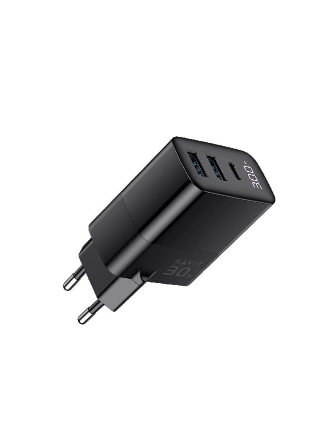HAVIT UCLE001 GaN 30W Fast Wall Charger, USB-C & Dual USB-A Ports, Power Delivery (PD) & Quick Charge 3.0, EU Plug, Compact Fast Charging Adapter for iPhone, Samsung, iPad & USB Devices