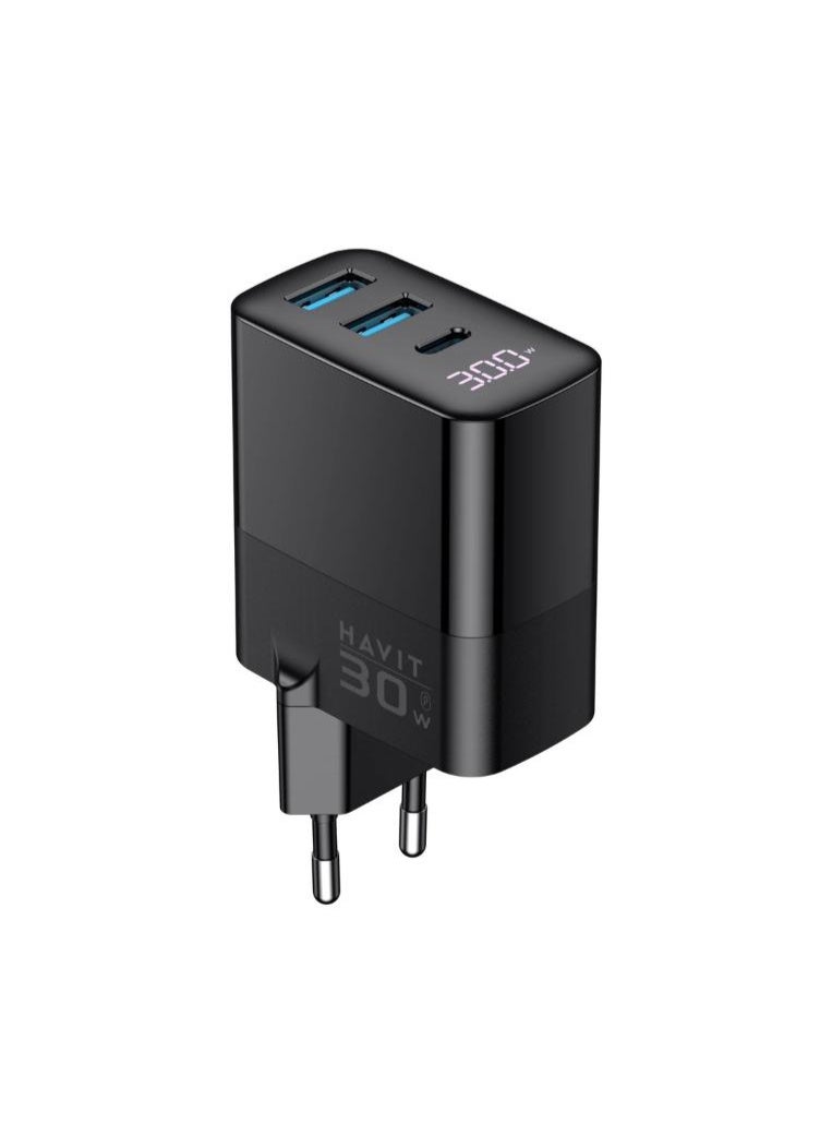 HAVIT UCLE001 GaN 30W Fast Wall Charger, USB-C & Dual USB-A Ports, Power Delivery (PD) & Quick Charge 3.0, EU Plug, Compact Fast Charging Adapter for iPhone, Samsung, iPad & USB Devices