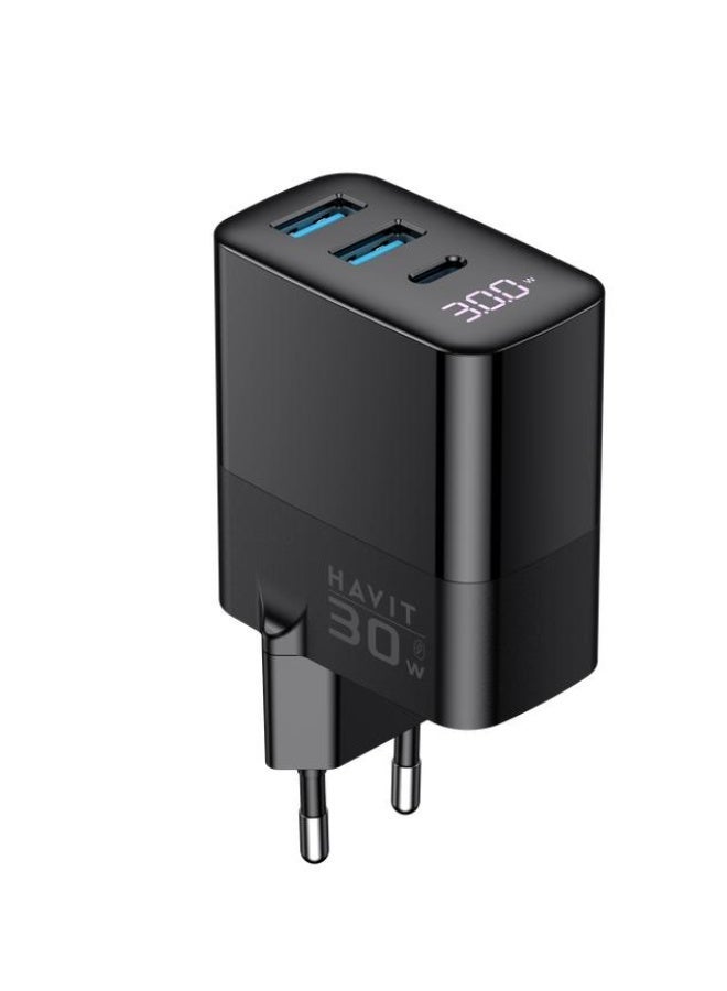 HAVIT UCLE001 GaN 30W Fast Wall Charger, USB-C & Dual USB-A Ports, Power Delivery (PD) & Quick Charge 3.0, EU Plug, Compact Fast Charging Adapter for iPhone, Samsung, iPad & USB Devices