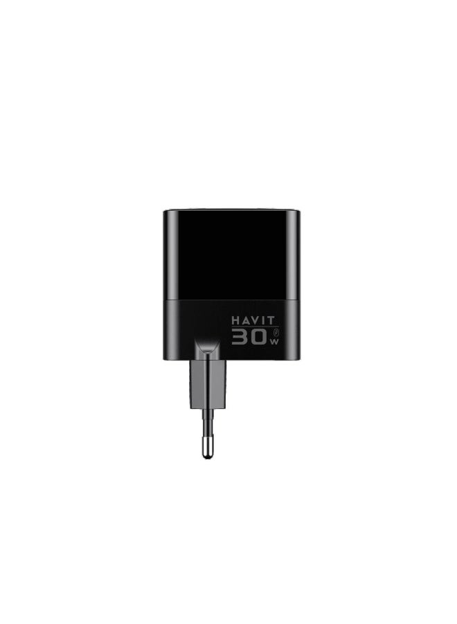HAVIT UCLE001 GaN 30W Fast Wall Charger, USB-C & Dual USB-A Ports, Power Delivery (PD) & Quick Charge 3.0, EU Plug, Compact Fast Charging Adapter for iPhone, Samsung, iPad & USB Devices