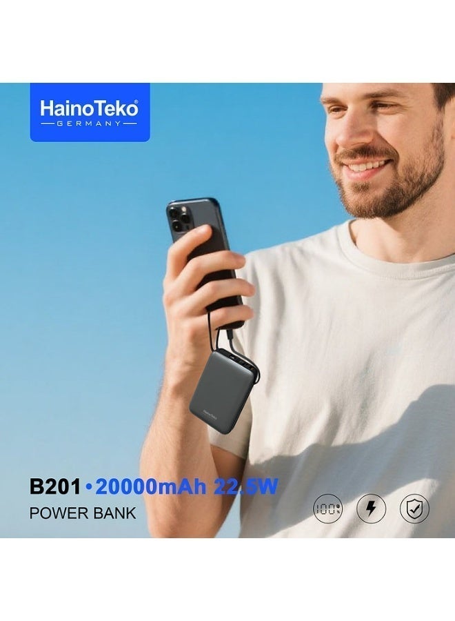 Power Bank HainoTeko B201 20000mAh Portable Charger with Built in Type C and Lightning Cables 22.5W Fast Charging