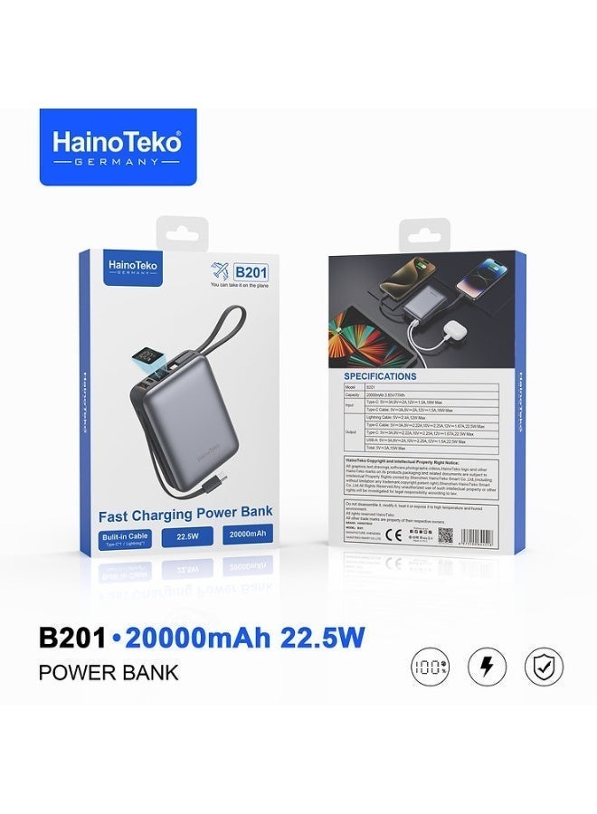 Power Bank HainoTeko B201 20000mAh Portable Charger with Built in Type C and Lightning Cables 22.5W Fast Charging